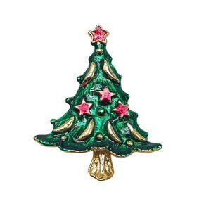 AAI Red Green Enamel Christmas Tree Brooch Pin Gold Tone Vintage